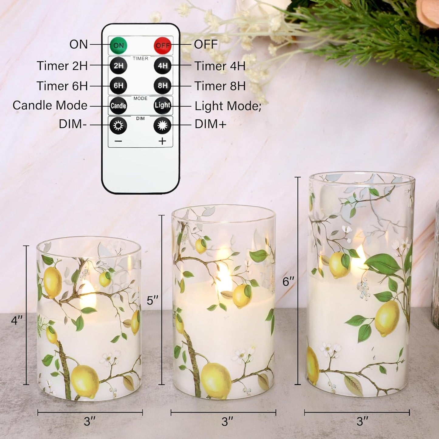 Lemon Decor Glass Flameless Candles, Flickering Battery Operated LED Real Wax Pillar Candles with Remote Timer for Holiday Spring Home Decorations, Set of 3