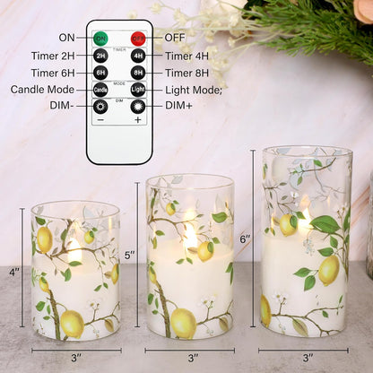 Lemon Decor Glass Flameless Candles, Flickering Battery Operated LED Real Wax Pillar Candles with Remote Timer for Holiday Spring Home Decorations, Set of 3