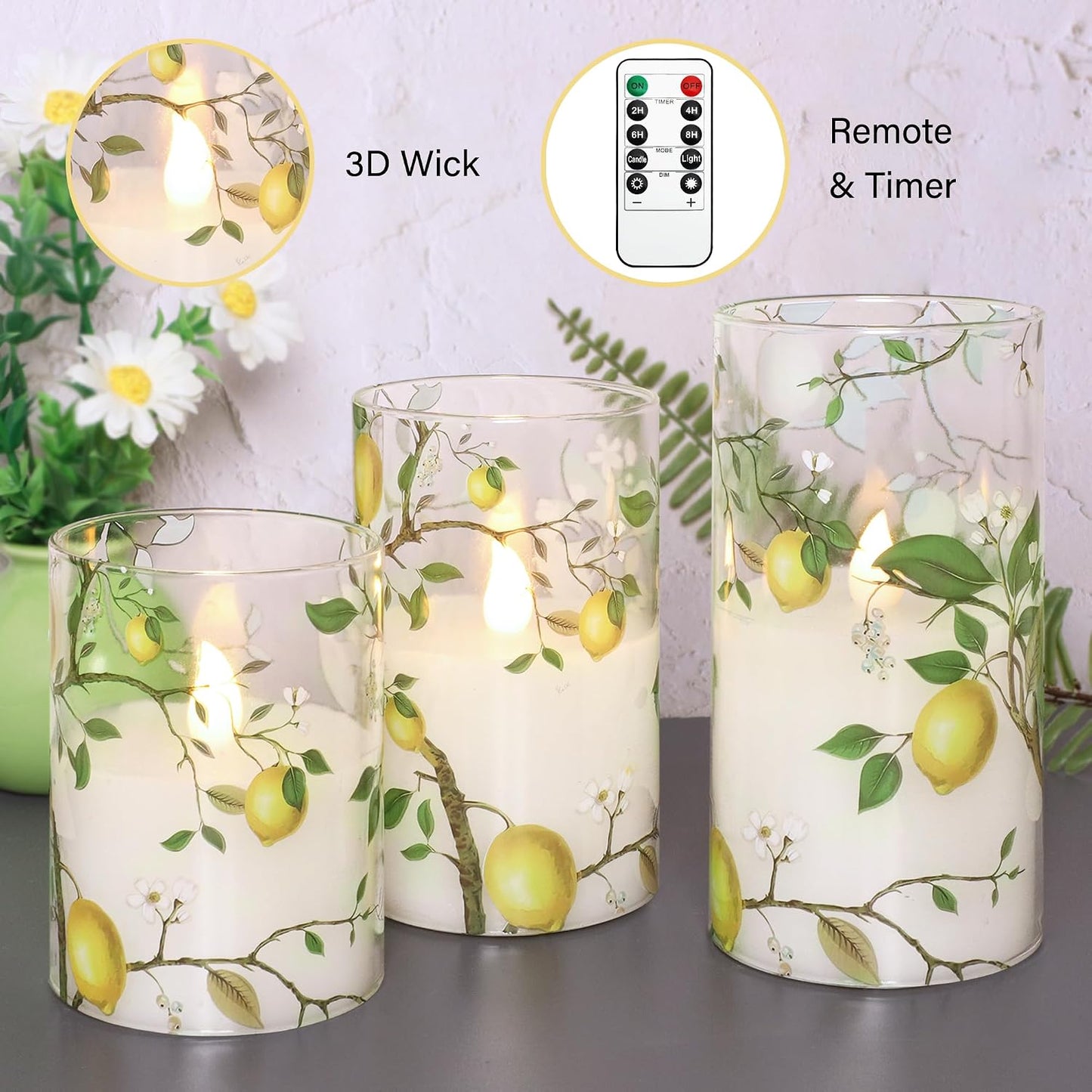 Lemon Decor Glass Flameless Candles, Flickering Battery Operated LED Real Wax Pillar Candles with Remote Timer for Holiday Spring Home Decorations, Set of 3