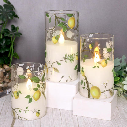 Lemon Decor Glass Flameless Candles, Flickering Battery Operated LED Real Wax Pillar Candles with Remote Timer for Holiday Spring Home Decorations, Set of 3