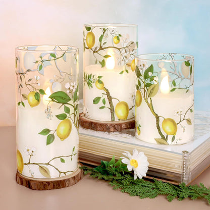 Lemon Decor Glass Flameless Candles, Flickering Battery Operated LED Real Wax Pillar Candles with Remote Timer for Holiday Spring Home Decorations, Set of 3