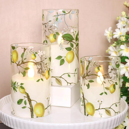 Lemon Decor Glass Flameless Candles, Flickering Battery Operated LED Real Wax Pillar Candles with Remote Timer for Holiday Spring Home Decorations, Set of 3