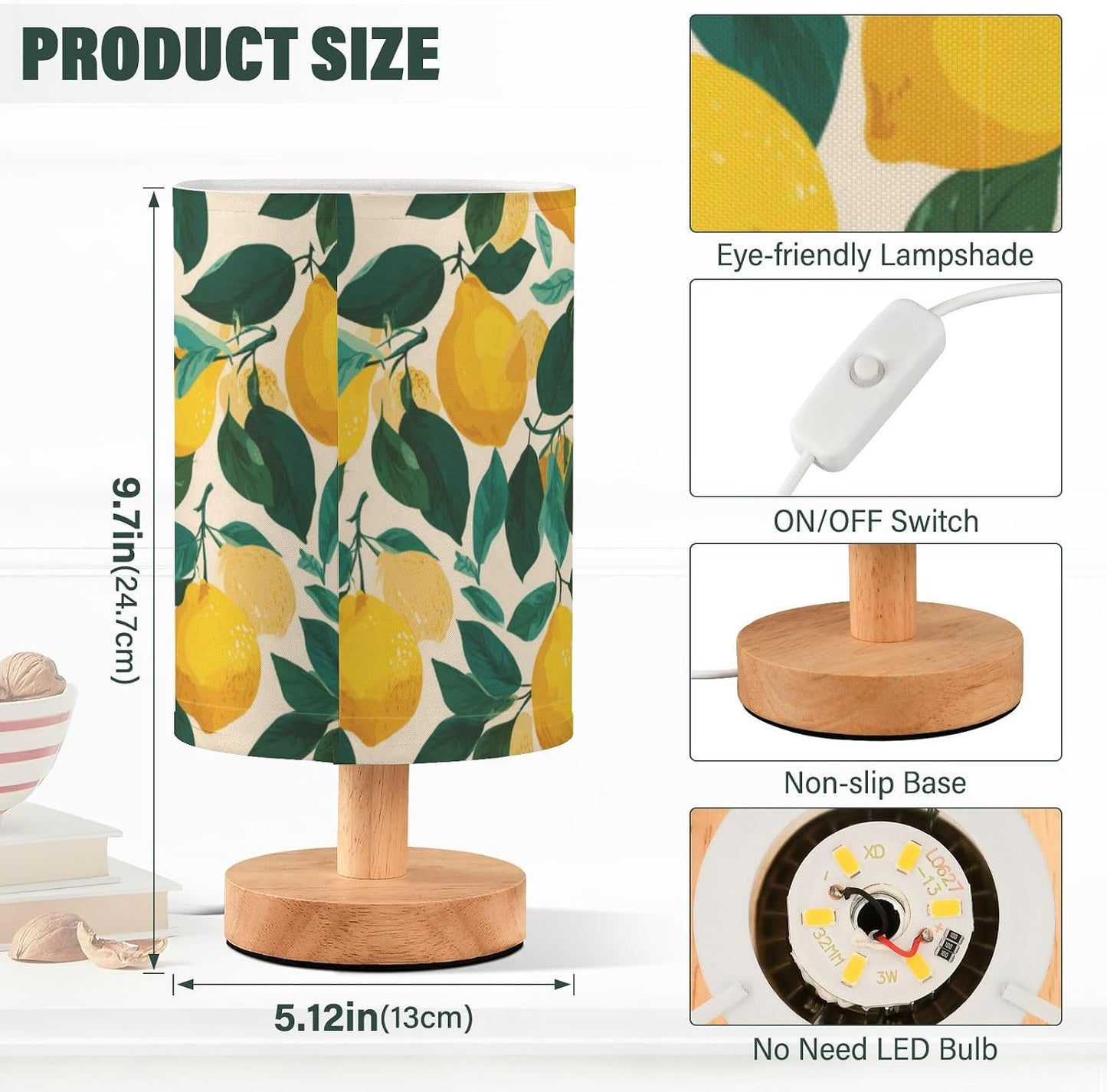 Bedside Table Lamp Lemon Yellow Citrus Fruits (12) Kids Nightstand Lamp Night Light Fabric Shade for Bedroom Living Room Home Office