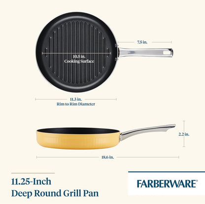 Style Nonstick Cookware Deep Round Grill Pan/Griddle, Dishwasher Safe, 11.25 Inch - Yellow