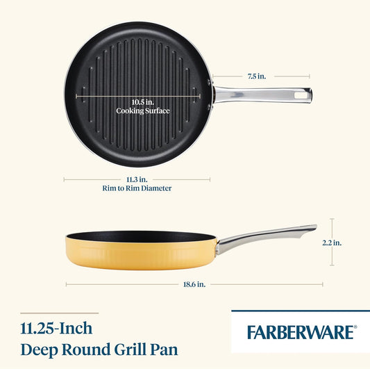 Style Nonstick Cookware Deep Round Grill Pan/Griddle, Dishwasher Safe, 11.25 Inch - Yellow