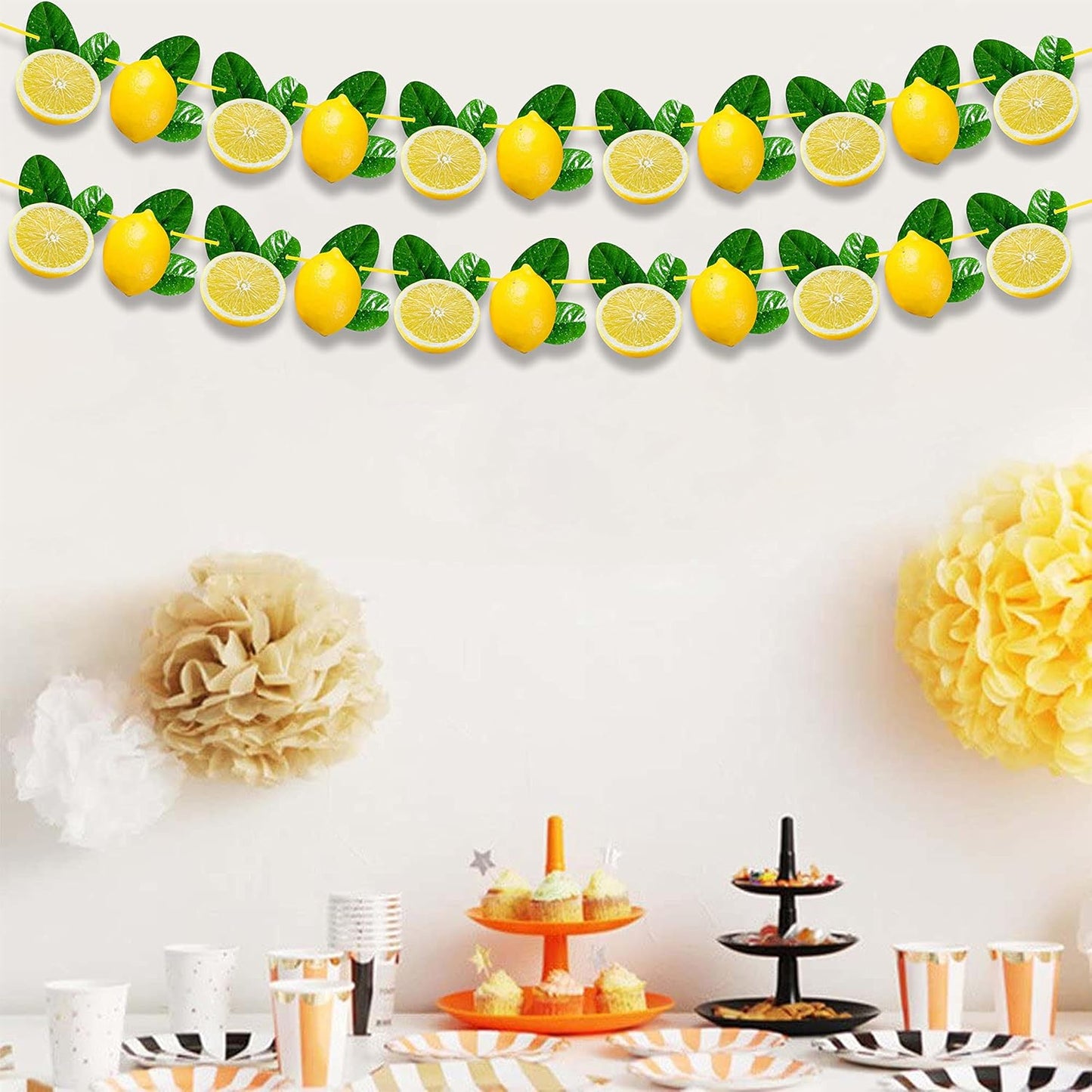 Lemon Garland Decoration For Summer Party, Lemon-Themed Birthday, Baby Shower, Bridal Shower – Artificial Lemon And Green Leaf Hanging Banner – Fresh Fruit Citrus Garland For Kitchen Decor