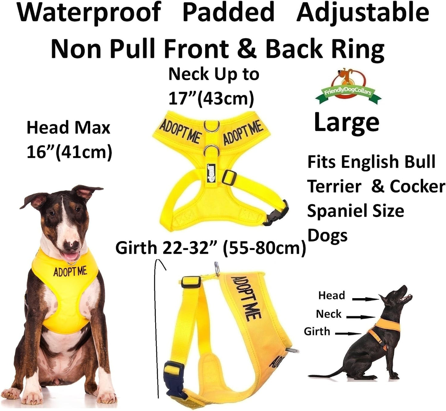 Adopt Me Yellow Color Coded Non-Pull Front and Back D Ring Padded and Waterproof Vest Dog Harness, Large Harness 22-32 Inch Chest/Girth
