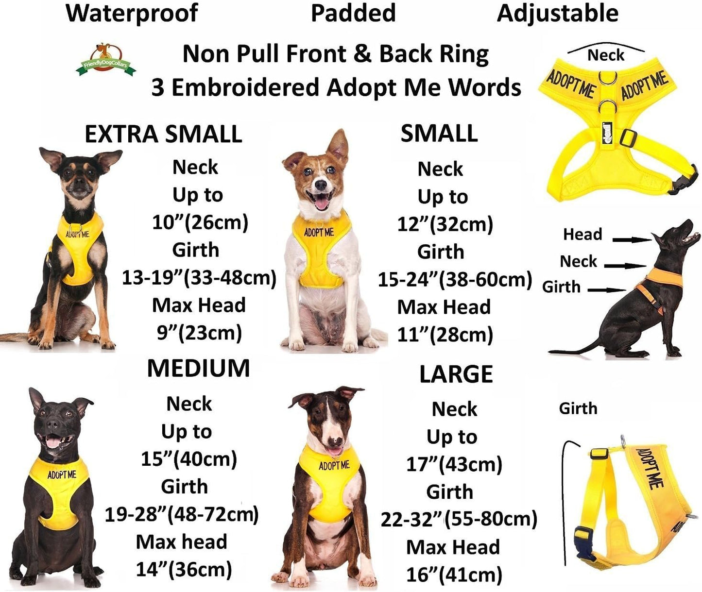 Adopt Me Yellow Color Coded Non-Pull Front and Back D Ring Padded and Waterproof Vest Dog Harness, Large Harness 22-32 Inch Chest/Girth