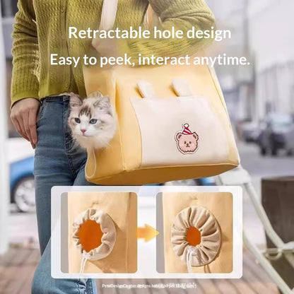 Canvas Pet Carrier Tote Bag for Cats and Dogs, Yellow, 15×16×12in | 2-in-1 Pet Handbag with Plush Ears Wide Shoulder Strap, Open-Top Soft-Sided Travel Tote for Walks, Shopping and Vet Visits