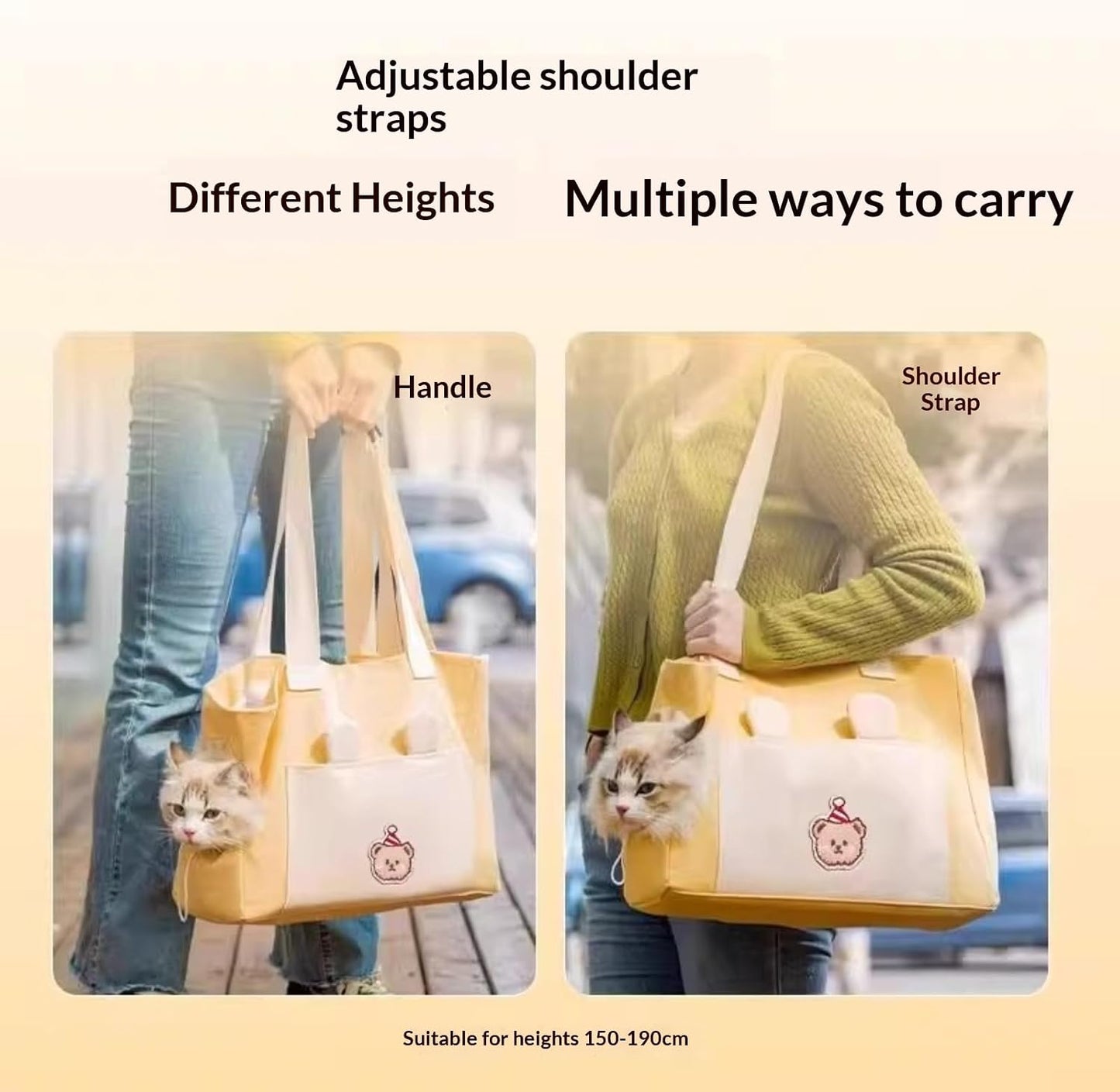 Canvas Pet Carrier Tote Bag for Cats and Dogs, Yellow, 15×16×12in | 2-in-1 Pet Handbag with Plush Ears Wide Shoulder Strap, Open-Top Soft-Sided Travel Tote for Walks, Shopping and Vet Visits