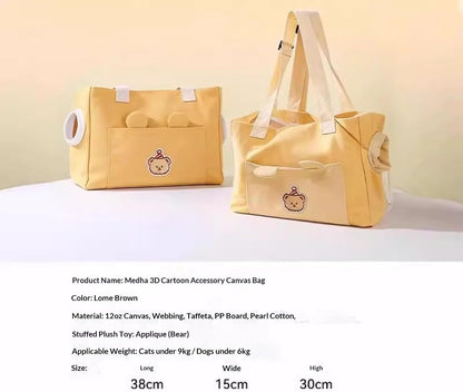 Canvas Pet Carrier Tote Bag for Cats and Dogs, Yellow, 15×16×12in | 2-in-1 Pet Handbag with Plush Ears Wide Shoulder Strap, Open-Top Soft-Sided Travel Tote for Walks, Shopping and Vet Visits