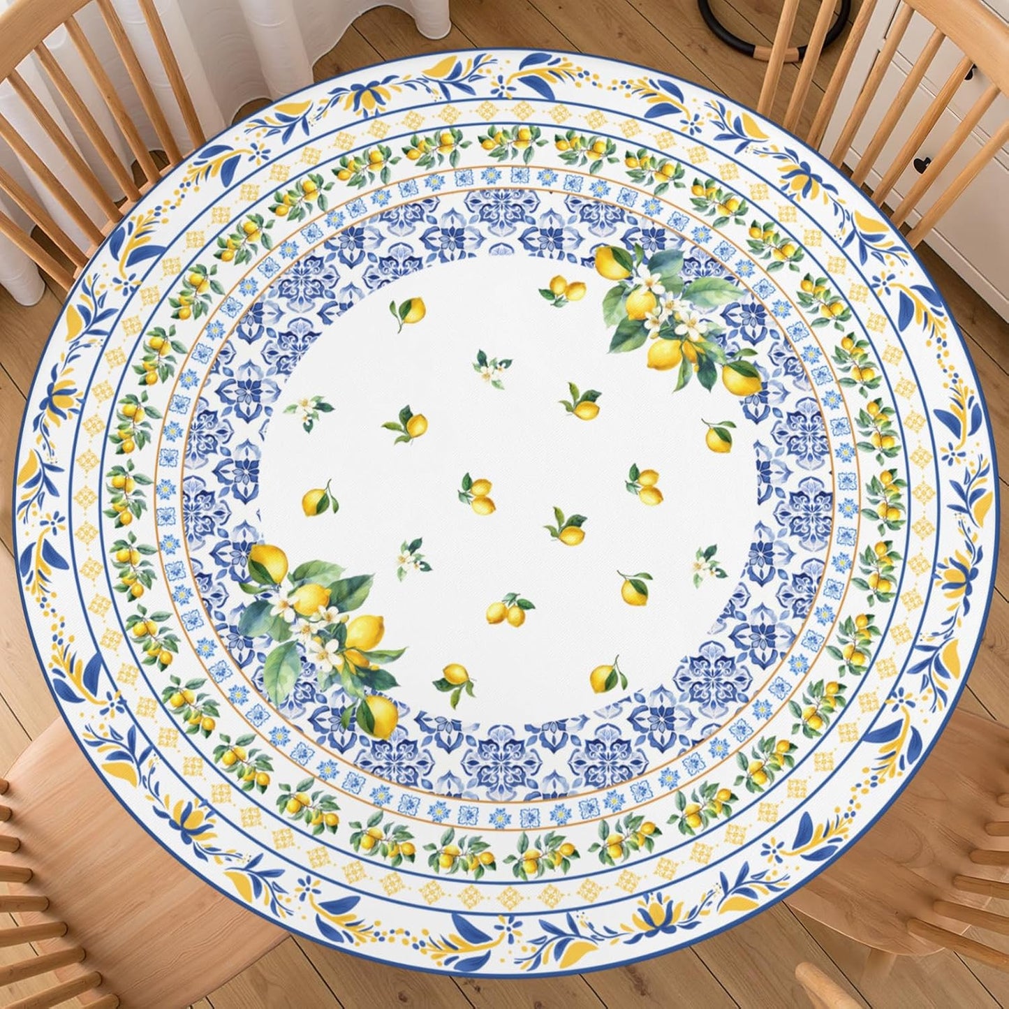 Boho Lemon Round Fitted Tablecloth with Elastic Edge Summer Blue Yellow Lemon Pattern Table Cover for 40"-44" French Country Stretch Table Cloth for Dining Room Party Picnic