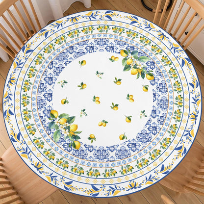 Boho Lemon Round Fitted Tablecloth with Elastic Edge Summer Blue Yellow Lemon Pattern Table Cover for 40"-44" French Country Stretch Table Cloth for Dining Room Party Picnic