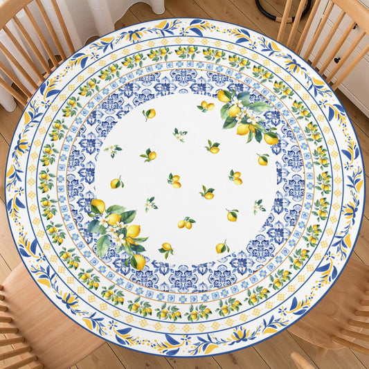 Boho Lemon Round Fitted Tablecloth with Elastic Edge Summer Blue Yellow Lemon Pattern Table Cover for 40"-44" French Country Stretch Table Cloth for Dining Room Party Picnic