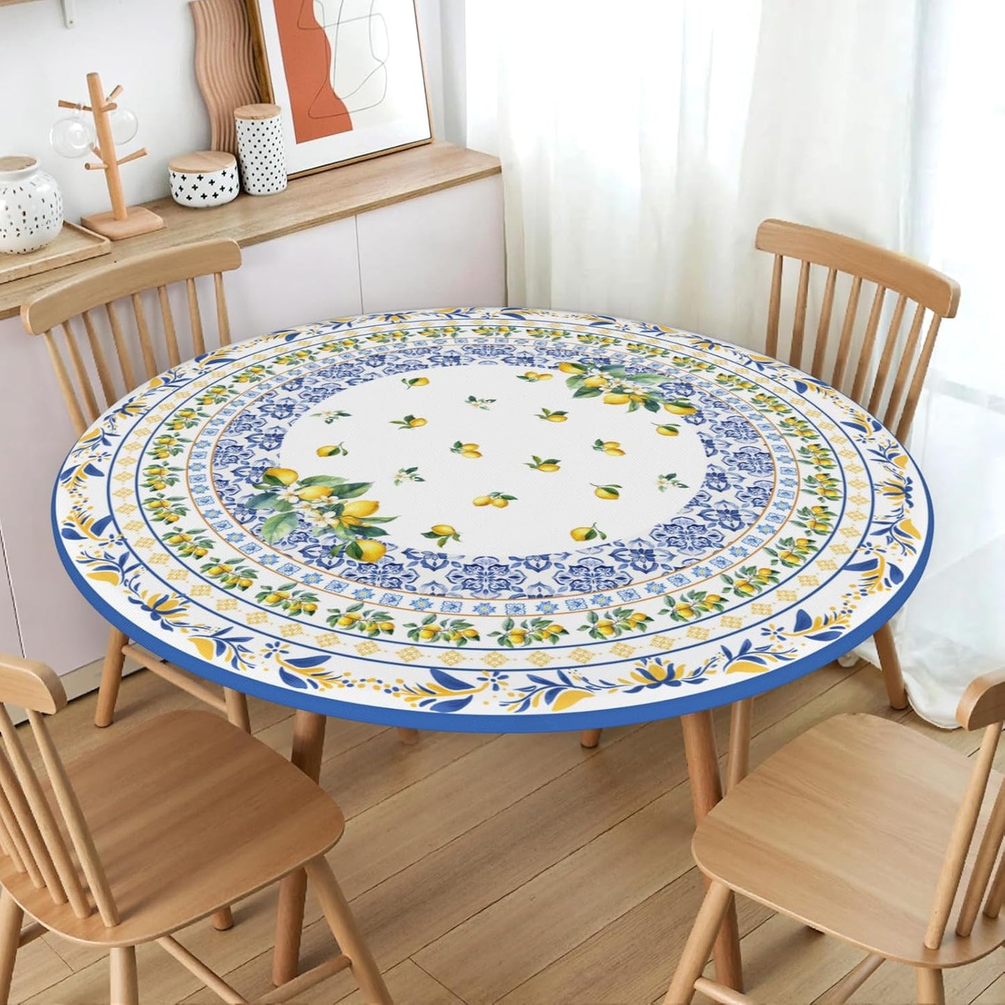 Boho Lemon Round Fitted Tablecloth with Elastic Edge Summer Blue Yellow Lemon Pattern Table Cover for 40"-44" French Country Stretch Table Cloth for Dining Room Party Picnic