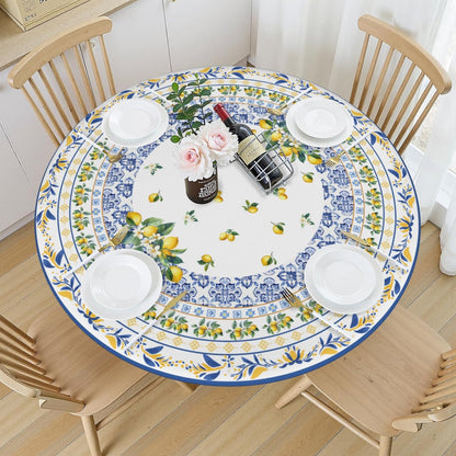 Boho Lemon Round Fitted Tablecloth with Elastic Edge Summer Blue Yellow Lemon Pattern Table Cover for 40"-44" French Country Stretch Table Cloth for Dining Room Party Picnic