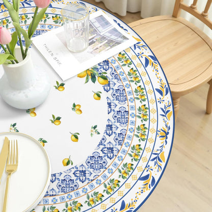 Boho Lemon Round Fitted Tablecloth with Elastic Edge Summer Blue Yellow Lemon Pattern Table Cover for 40"-44" French Country Stretch Table Cloth for Dining Room Party Picnic
