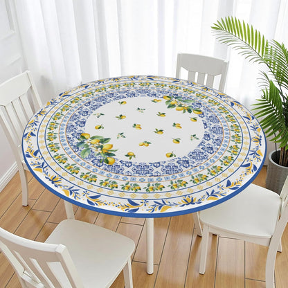 Boho Lemon Round Fitted Tablecloth with Elastic Edge Summer Blue Yellow Lemon Pattern Table Cover for 40"-44" French Country Stretch Table Cloth for Dining Room Party Picnic