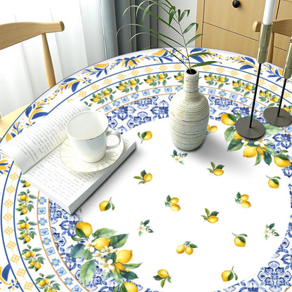 Boho Lemon Round Fitted Tablecloth with Elastic Edge Summer Blue Yellow Lemon Pattern Table Cover for 40"-44" French Country Stretch Table Cloth for Dining Room Party Picnic