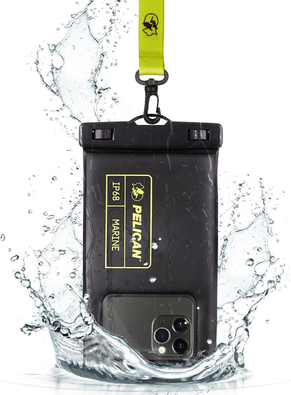 Marine Waterproof Phone Pouch (Regular) -Black/Hi-Vis Yellow | Touchscreen IP68 Floating Waterproof Phone Case w/Detachable Lanyard - Fits All Phones - Beach Cruise Ship Travel Essentials