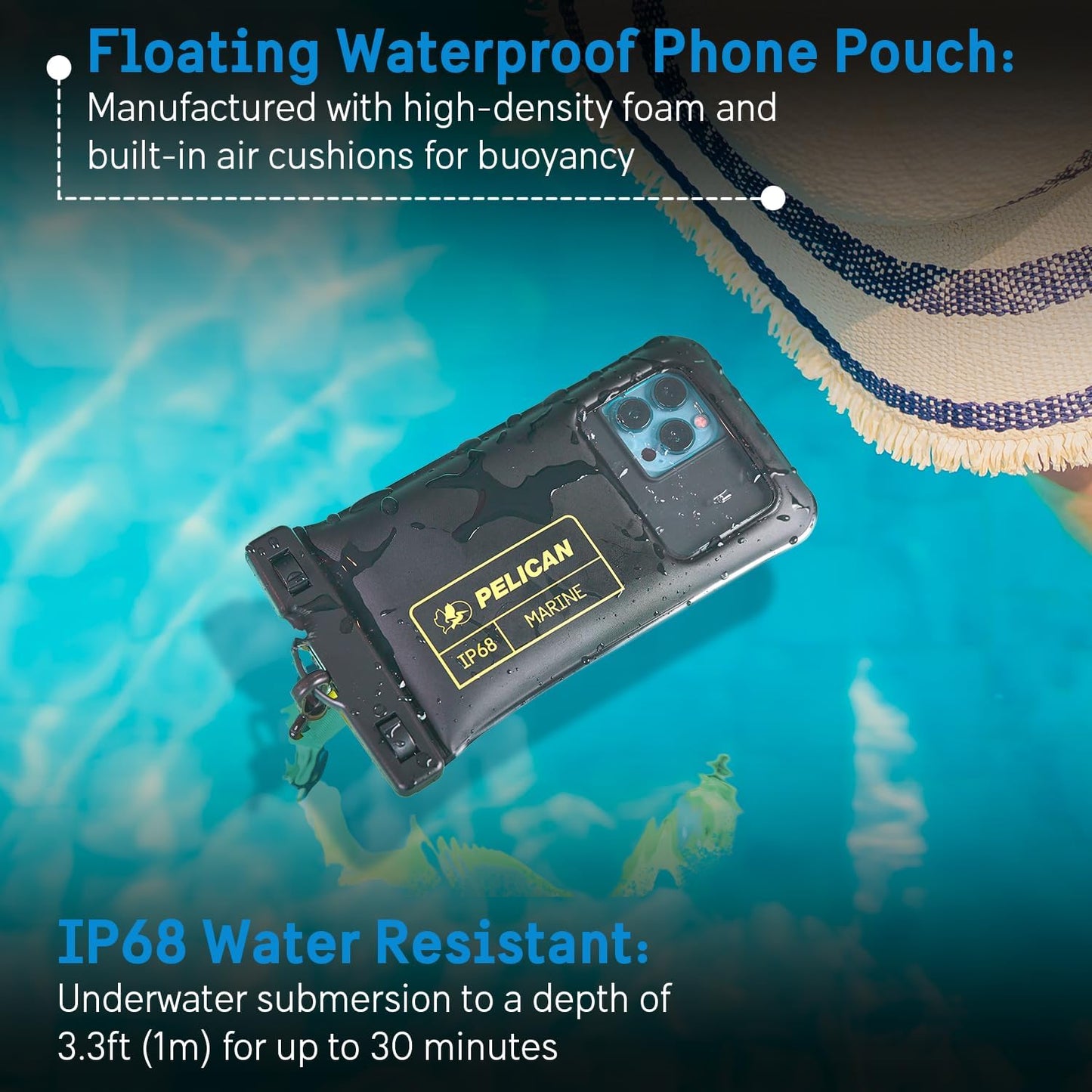 Marine Waterproof Phone Pouch (Regular) -Black/Hi-Vis Yellow | Touchscreen IP68 Floating Waterproof Phone Case w/Detachable Lanyard - Fits All Phones - Beach Cruise Ship Travel Essentials