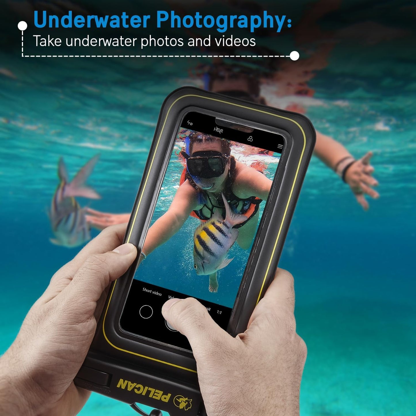 Marine Waterproof Phone Pouch (Regular) -Black/Hi-Vis Yellow | Touchscreen IP68 Floating Waterproof Phone Case w/Detachable Lanyard - Fits All Phones - Beach Cruise Ship Travel Essentials