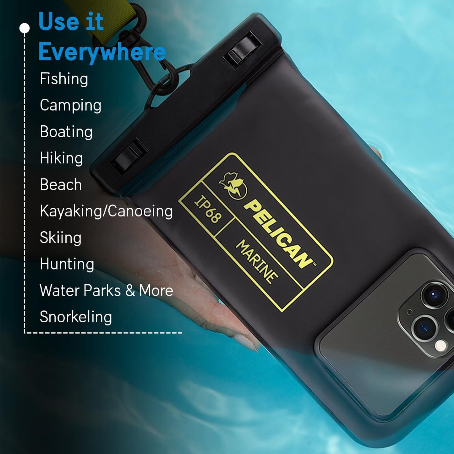 Marine Waterproof Phone Pouch (Regular) -Black/Hi-Vis Yellow | Touchscreen IP68 Floating Waterproof Phone Case w/Detachable Lanyard - Fits All Phones - Beach Cruise Ship Travel Essentials