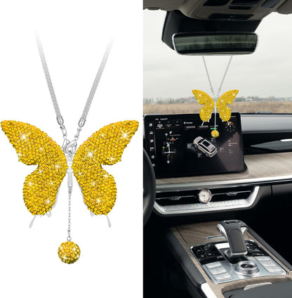 Bling Butterfly Diamond Car Accessories, Car Mirror Hanging Accessories, Crystal Rhinestone Vehicle Rear View Mirror Charms, Lucky Diamond Auto Hanging Ornament Pendant for All Cars (Yellow)