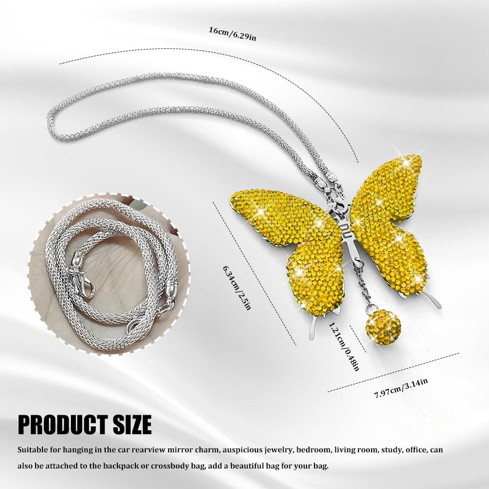 Bling Butterfly Diamond Car Accessories, Car Mirror Hanging Accessories, Crystal Rhinestone Vehicle Rear View Mirror Charms, Lucky Diamond Auto Hanging Ornament Pendant for All Cars (Yellow)
