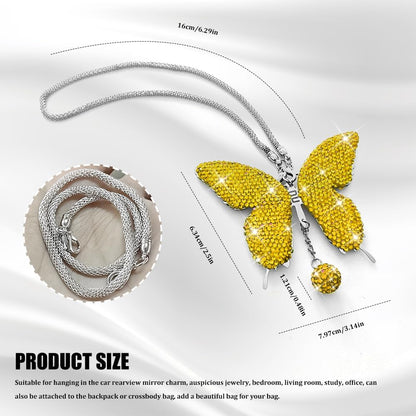 Bling Butterfly Diamond Car Accessories, Car Mirror Hanging Accessories, Crystal Rhinestone Vehicle Rear View Mirror Charms, Lucky Diamond Auto Hanging Ornament Pendant for All Cars (Yellow)