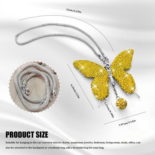 Bling Butterfly Diamond Car Accessories, Car Mirror Hanging Accessories, Crystal Rhinestone Vehicle Rear View Mirror Charms, Lucky Diamond Auto Hanging Ornament Pendant for All Cars (Yellow)