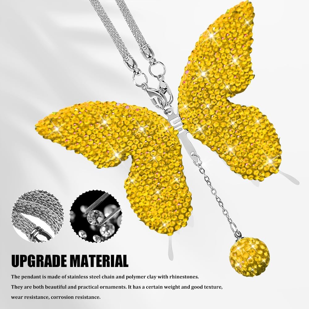 Bling Butterfly Diamond Car Accessories, Car Mirror Hanging Accessories, Crystal Rhinestone Vehicle Rear View Mirror Charms, Lucky Diamond Auto Hanging Ornament Pendant for All Cars (Yellow)