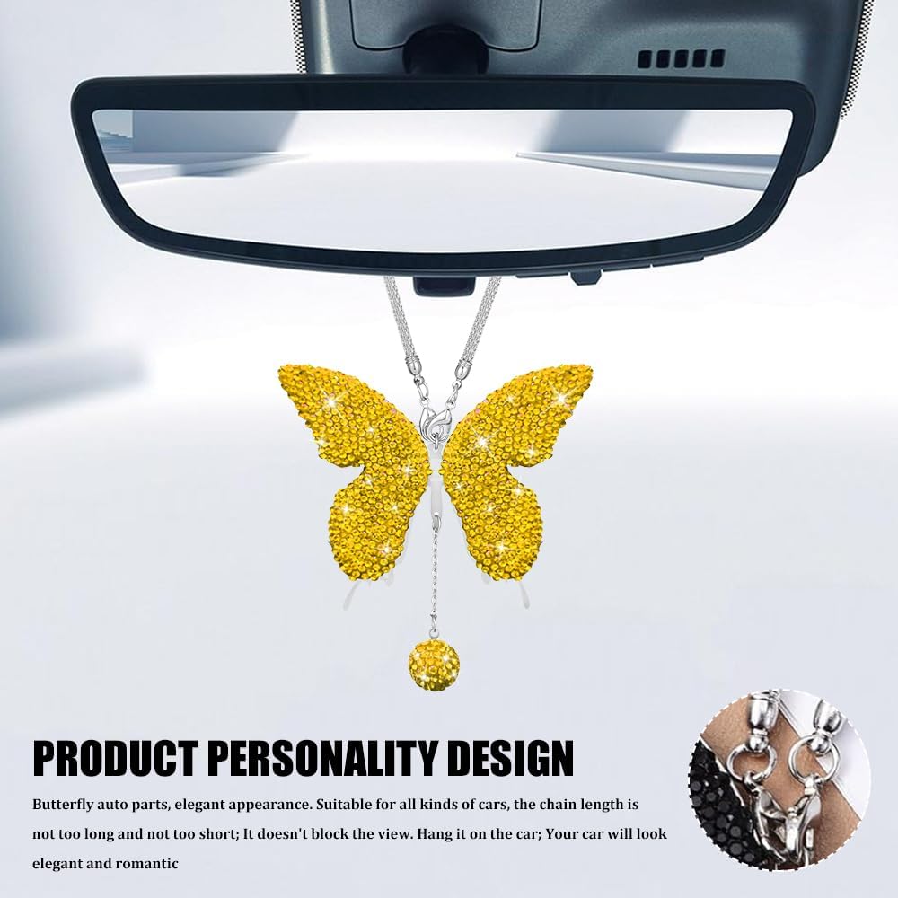 Bling Butterfly Diamond Car Accessories, Car Mirror Hanging Accessories, Crystal Rhinestone Vehicle Rear View Mirror Charms, Lucky Diamond Auto Hanging Ornament Pendant for All Cars (Yellow)