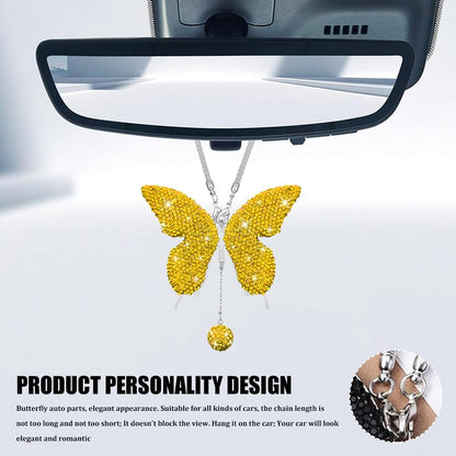 Bling Butterfly Diamond Car Accessories, Car Mirror Hanging Accessories, Crystal Rhinestone Vehicle Rear View Mirror Charms, Lucky Diamond Auto Hanging Ornament Pendant for All Cars (Yellow)