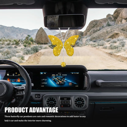 Bling Butterfly Diamond Car Accessories, Car Mirror Hanging Accessories, Crystal Rhinestone Vehicle Rear View Mirror Charms, Lucky Diamond Auto Hanging Ornament Pendant for All Cars (Yellow)