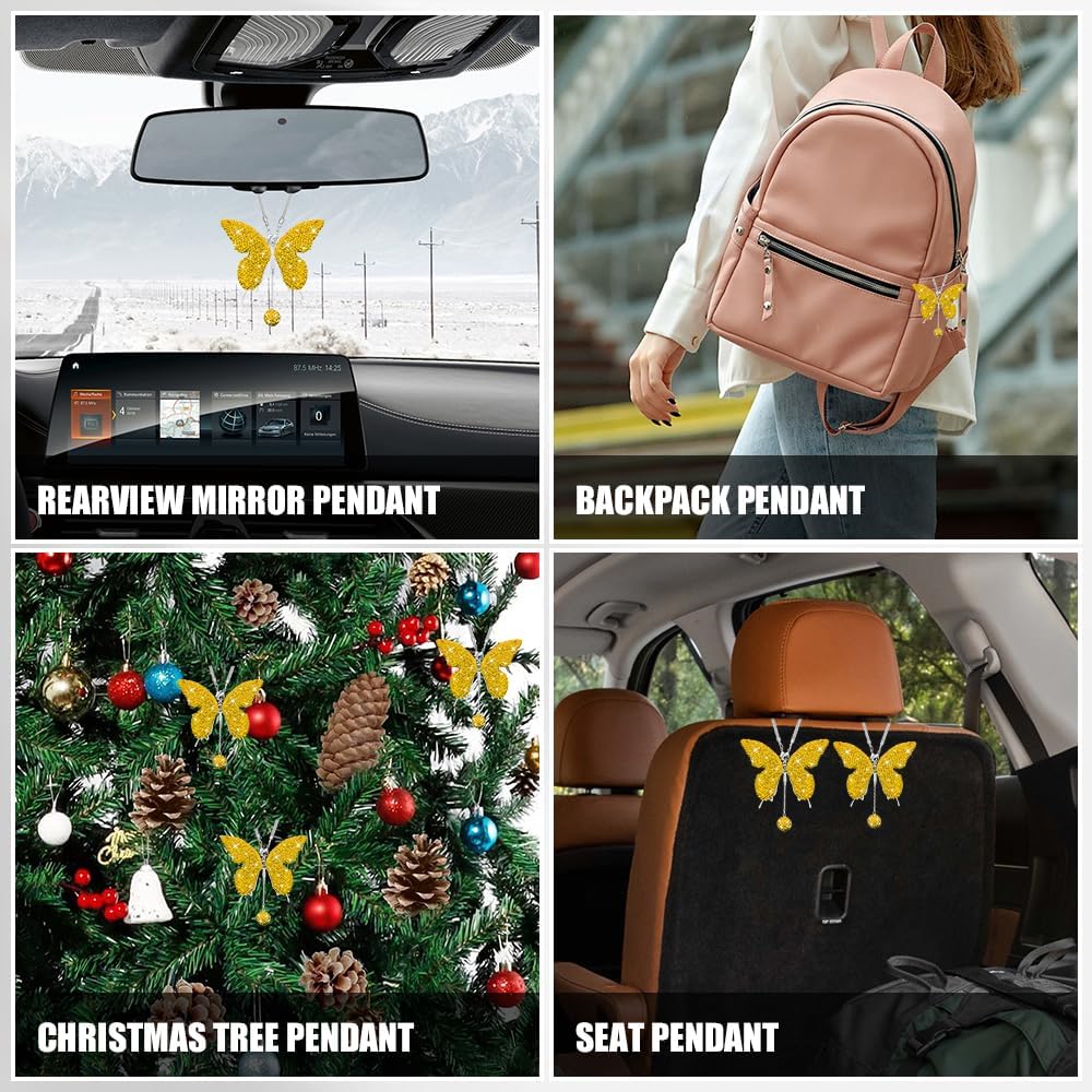 Bling Butterfly Diamond Car Accessories, Car Mirror Hanging Accessories, Crystal Rhinestone Vehicle Rear View Mirror Charms, Lucky Diamond Auto Hanging Ornament Pendant for All Cars (Yellow)