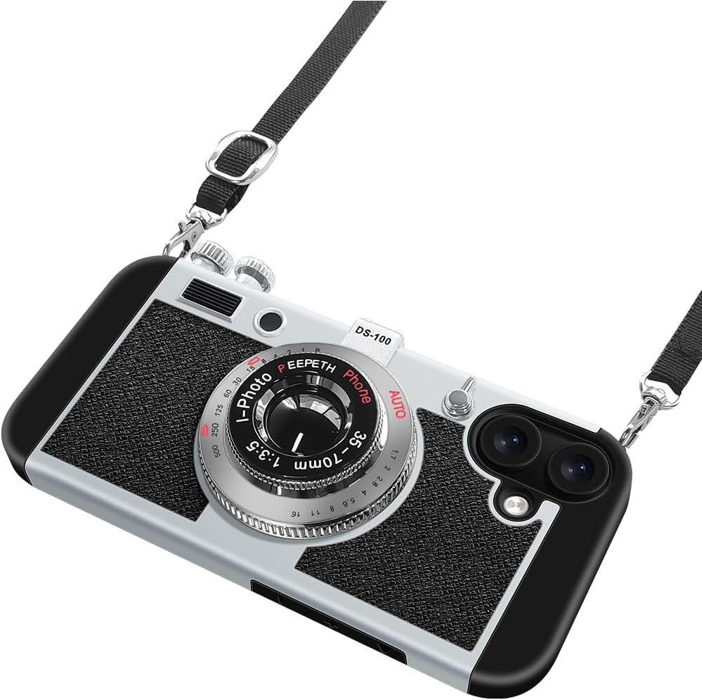 Emily in Paris Phone Case for iPhone 17 Vintage Camera Case Cute 3D Unique Design Cover with Removable Neck Strap Lanyard Silicone Case for Girls Kids Women Black