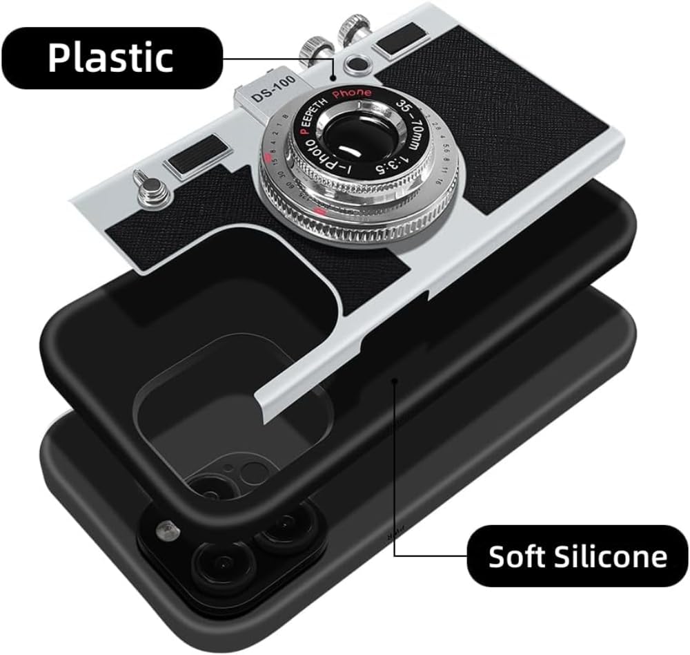Emily in Paris Phone Case for iPhone 17 Vintage Camera Case Cute 3D Unique Design Cover with Removable Neck Strap Lanyard Silicone Case for Girls Kids Women Black
