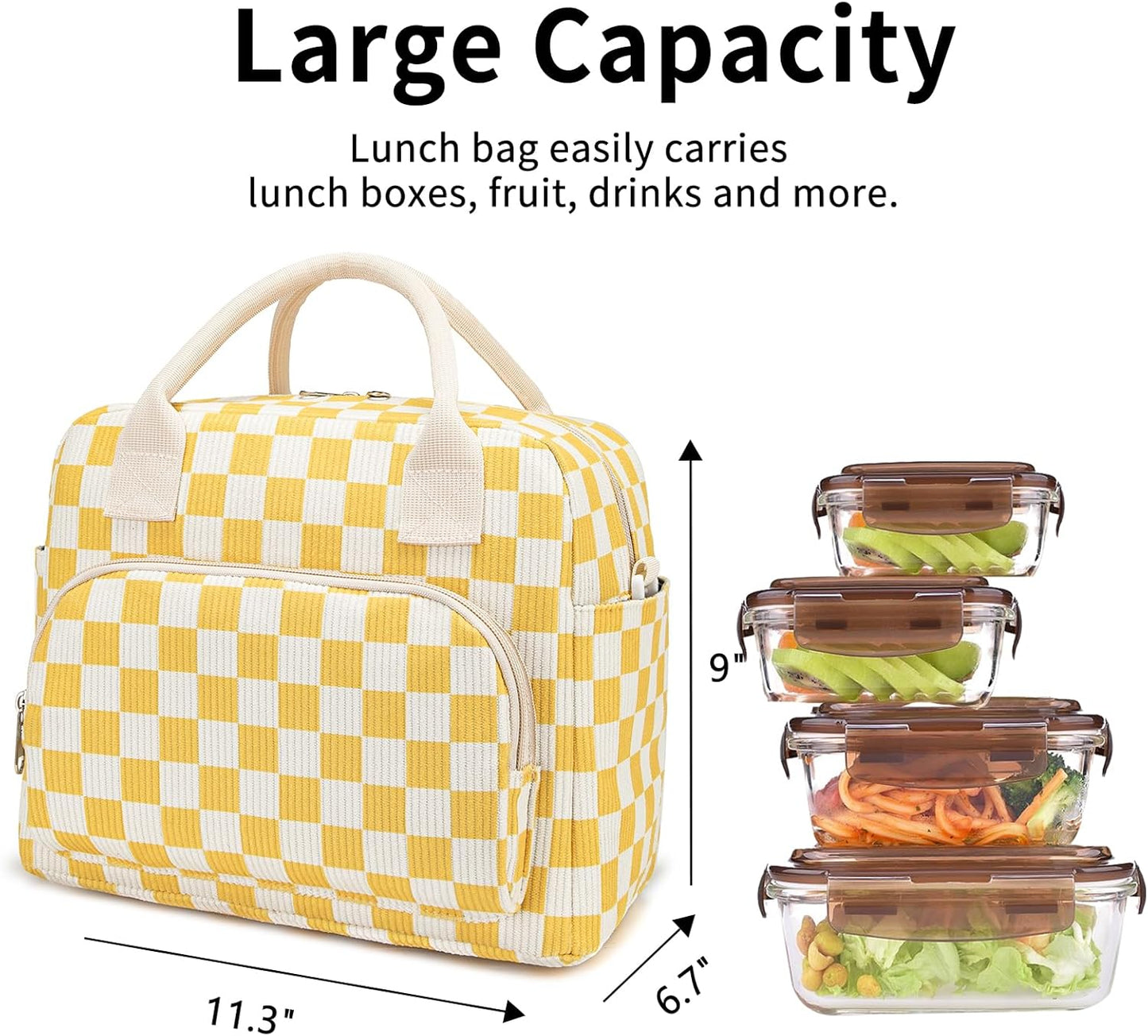 Lunch Bag Women Lunch Box for Women Adult Cute Insulated Lunch Bag Lager Cooler Lunch Tote Bags for Work Picnic (Beige-Yellow Plaid)