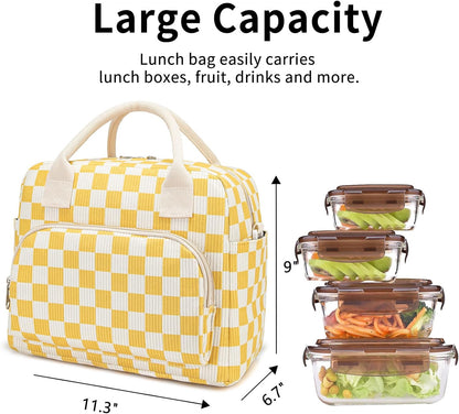 Lunch Bag Women Lunch Box for Women Adult Cute Insulated Lunch Bag Lager Cooler Lunch Tote Bags for Work Picnic (Beige-Yellow Plaid)