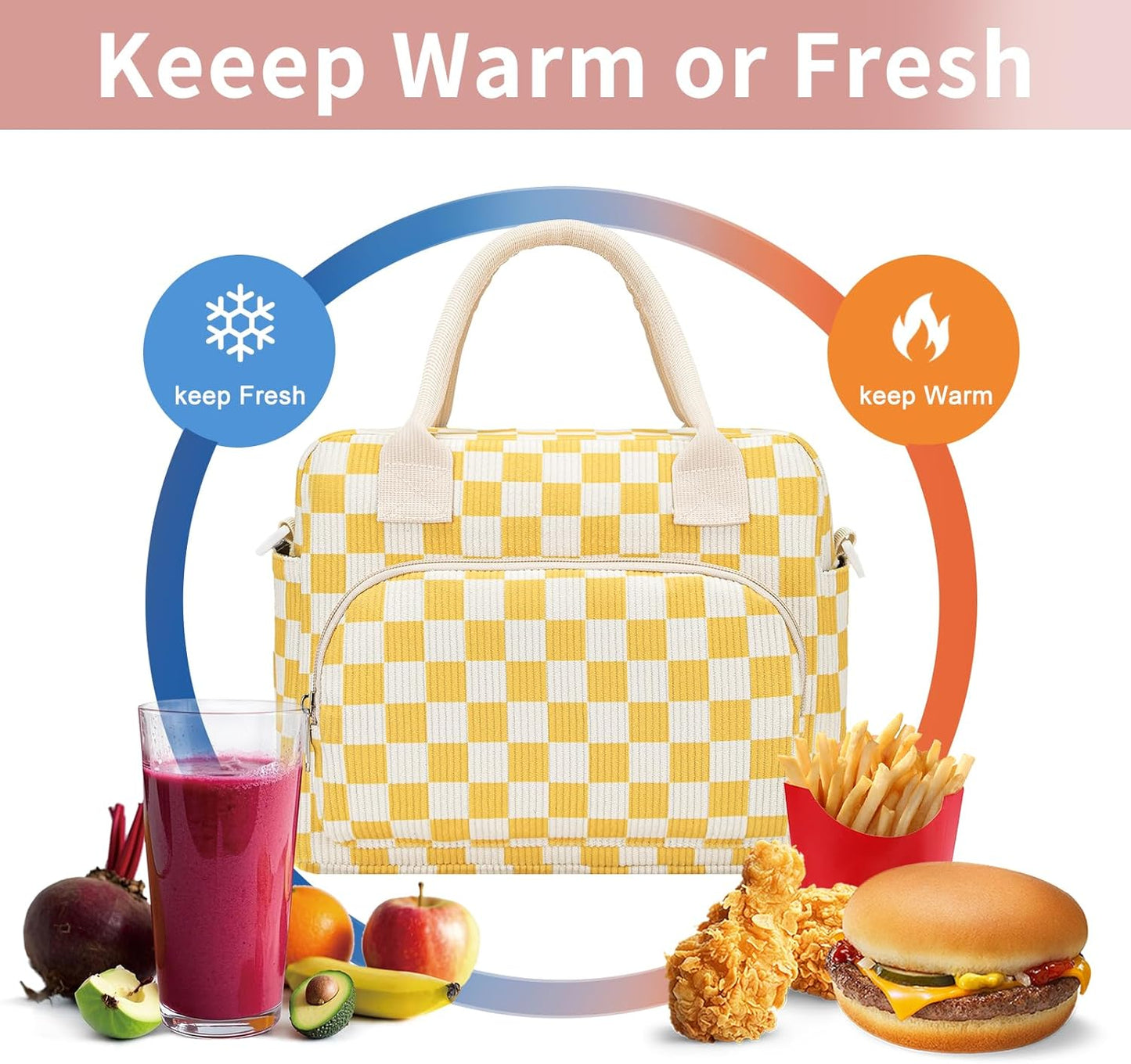 Lunch Bag Women Lunch Box for Women Adult Cute Insulated Lunch Bag Lager Cooler Lunch Tote Bags for Work Picnic (Beige-Yellow Plaid)
