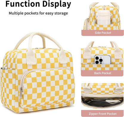 Lunch Bag Women Lunch Box for Women Adult Cute Insulated Lunch Bag Lager Cooler Lunch Tote Bags for Work Picnic (Beige-Yellow Plaid)