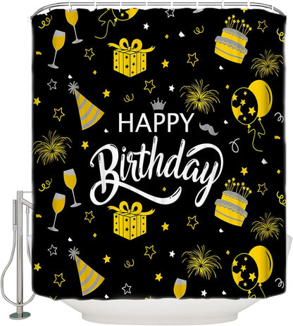 Happy Birthday Waterproof Shower Curtains Set - Stall 48 x 72 Inch, Yellow Celebration Black Backdrop Polyester Fabric Bathroom Curtain with 12 Hooks, Bathroom Accessories, 1 Panel