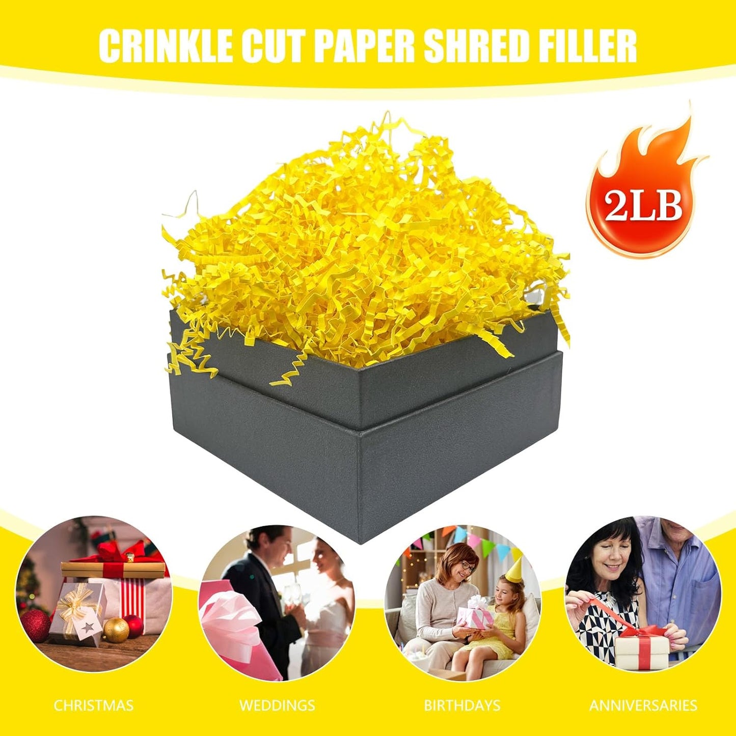 Lemon Yellow Crinkle Cut Paper Shred Filler, 2 LB Basket Filler Shredded Paper, Confetti Stuffing for Basket Filling, Halloween, Christmas, Birthdays, Gift Wrapping, Stuffer Party Supplies