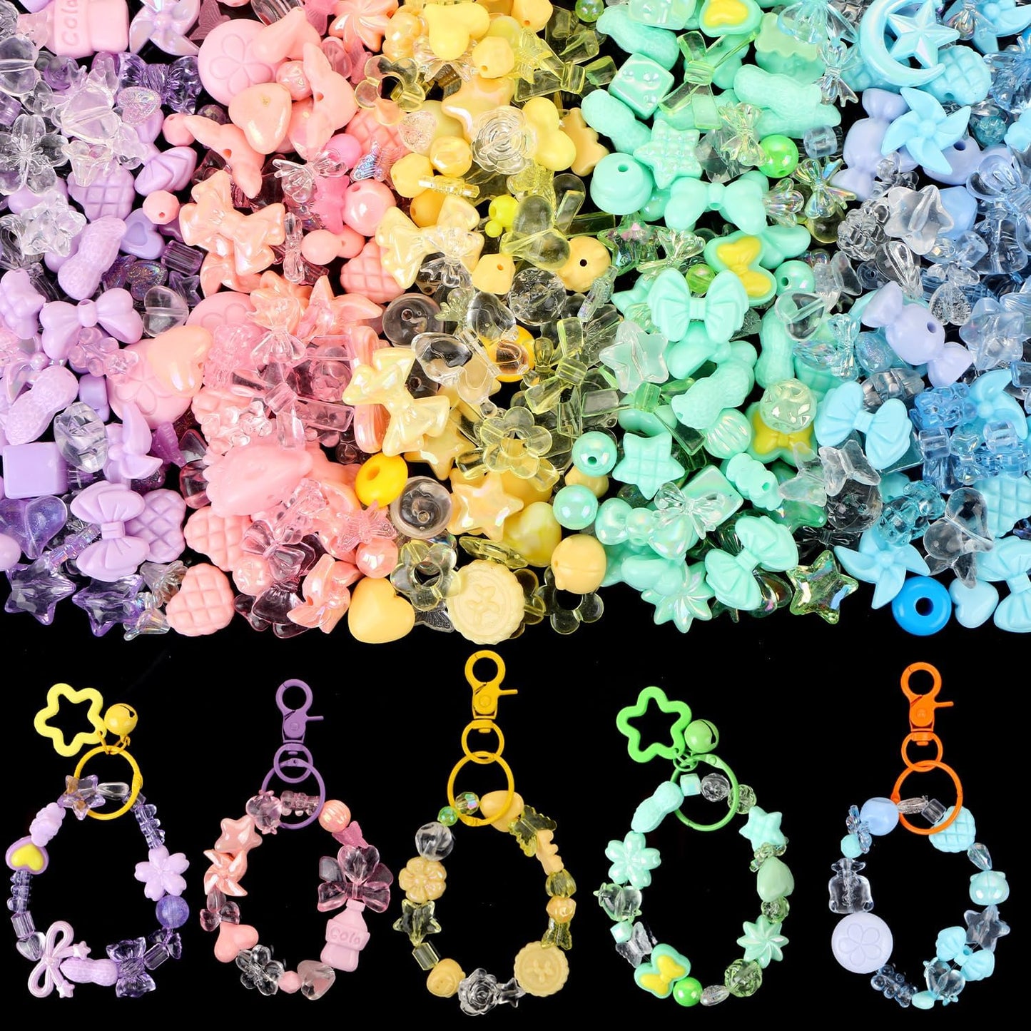 250-300Pcs Assorted Acrylic Beads for Jewelry Making, Flower Bow Butterfly Star Heart Loose Beads for DIY Bracelet Necklaces (Pink Yellow Blue Green Purple)
