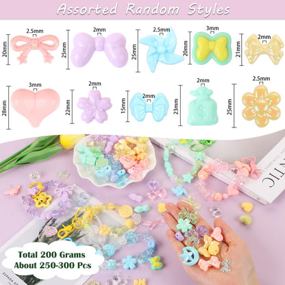 250-300Pcs Assorted Acrylic Beads for Jewelry Making, Flower Bow Butterfly Star Heart Loose Beads for DIY Bracelet Necklaces (Pink Yellow Blue Green Purple)