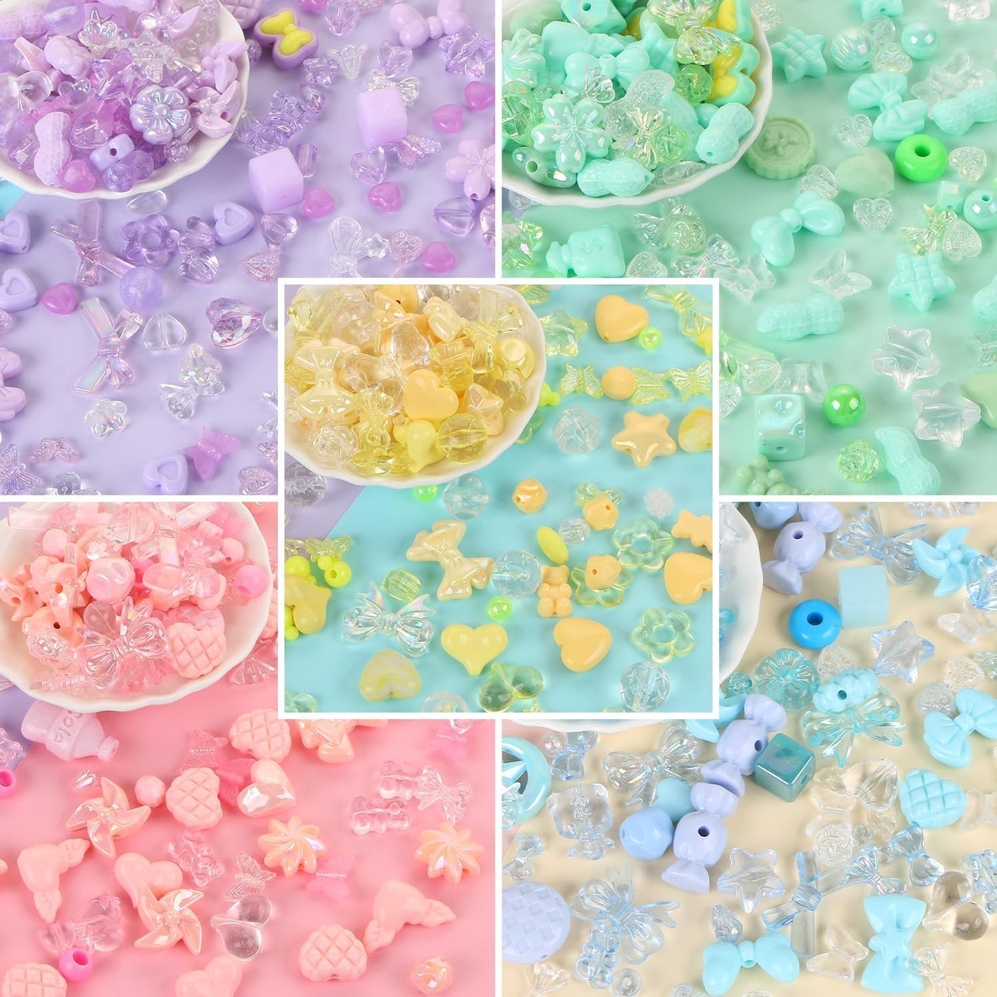 250-300Pcs Assorted Acrylic Beads for Jewelry Making, Flower Bow Butterfly Star Heart Loose Beads for DIY Bracelet Necklaces (Pink Yellow Blue Green Purple)