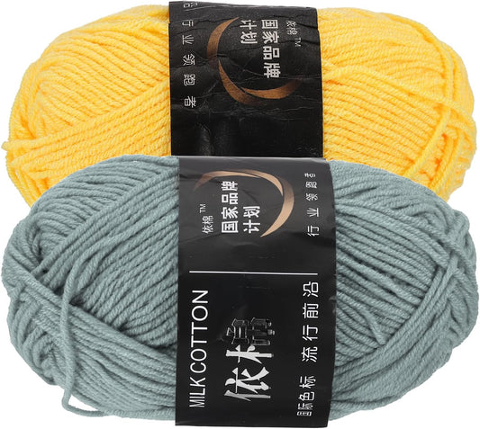 2 Pcs Cotton Yarn Skeins, 87 Yards 50g/1.8oz Sport Weight Soft Yarn 4-Ply Milk Cotton Yarn Ball for Crocheting Knitting DIY Handmade Craft Projects, Light Grey/Yellow