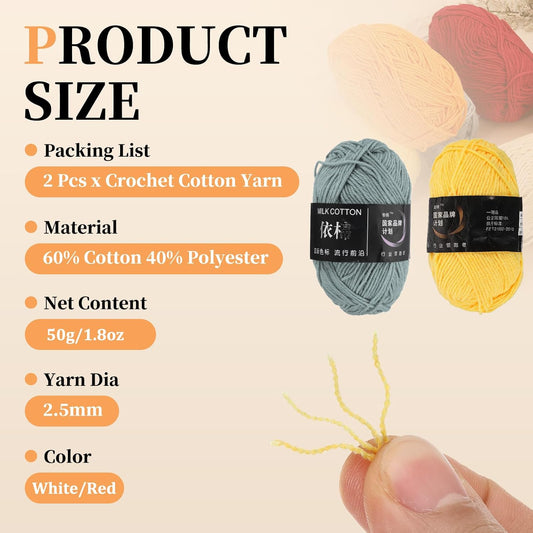 2 Pcs Cotton Yarn Skeins, 87 Yards 50g/1.8oz Sport Weight Soft Yarn 4-Ply Milk Cotton Yarn Ball for Crocheting Knitting DIY Handmade Craft Projects, Light Grey/Yellow