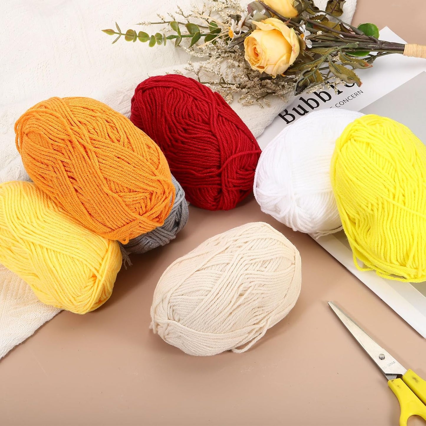 2 Pcs Cotton Yarn Skeins, 87 Yards 50g/1.8oz Sport Weight Soft Yarn 4-Ply Milk Cotton Yarn Ball for Crocheting Knitting DIY Handmade Craft Projects, Light Grey/Yellow